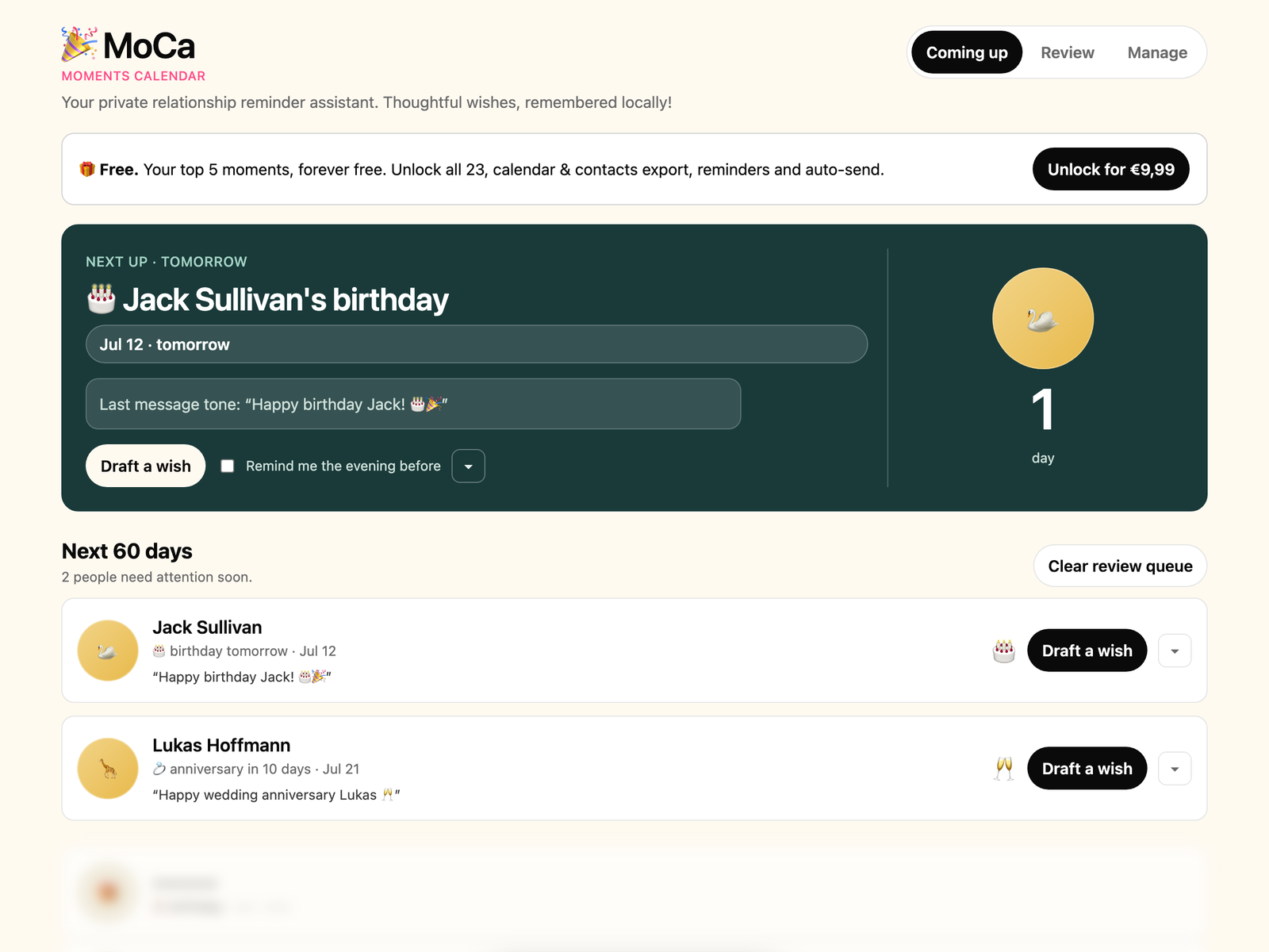 MoCa's Coming up view: the next birthday leads with a one-tap wish draft, above a list of upcoming moments pulled from chat history